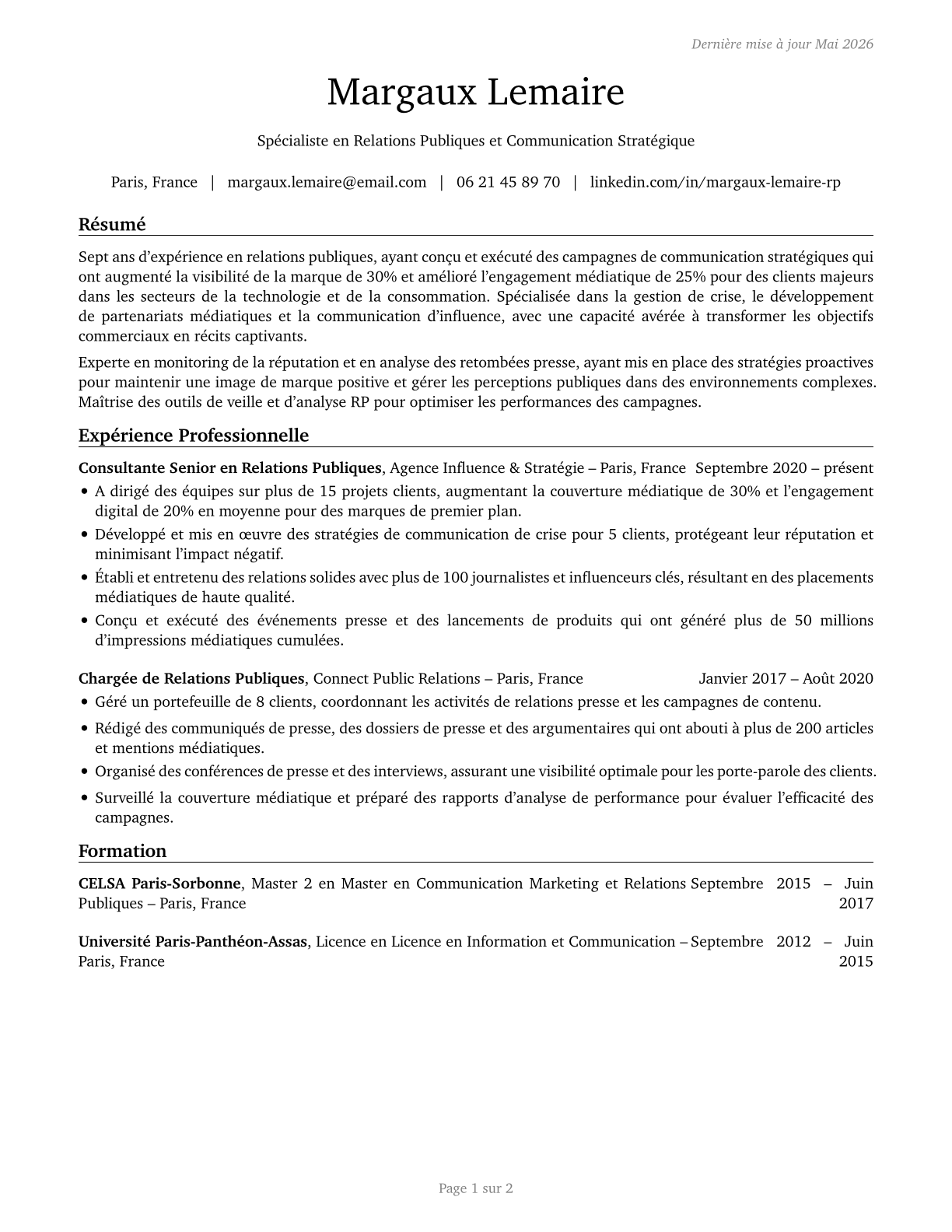 Public Relations Specialists CV in French — page 1