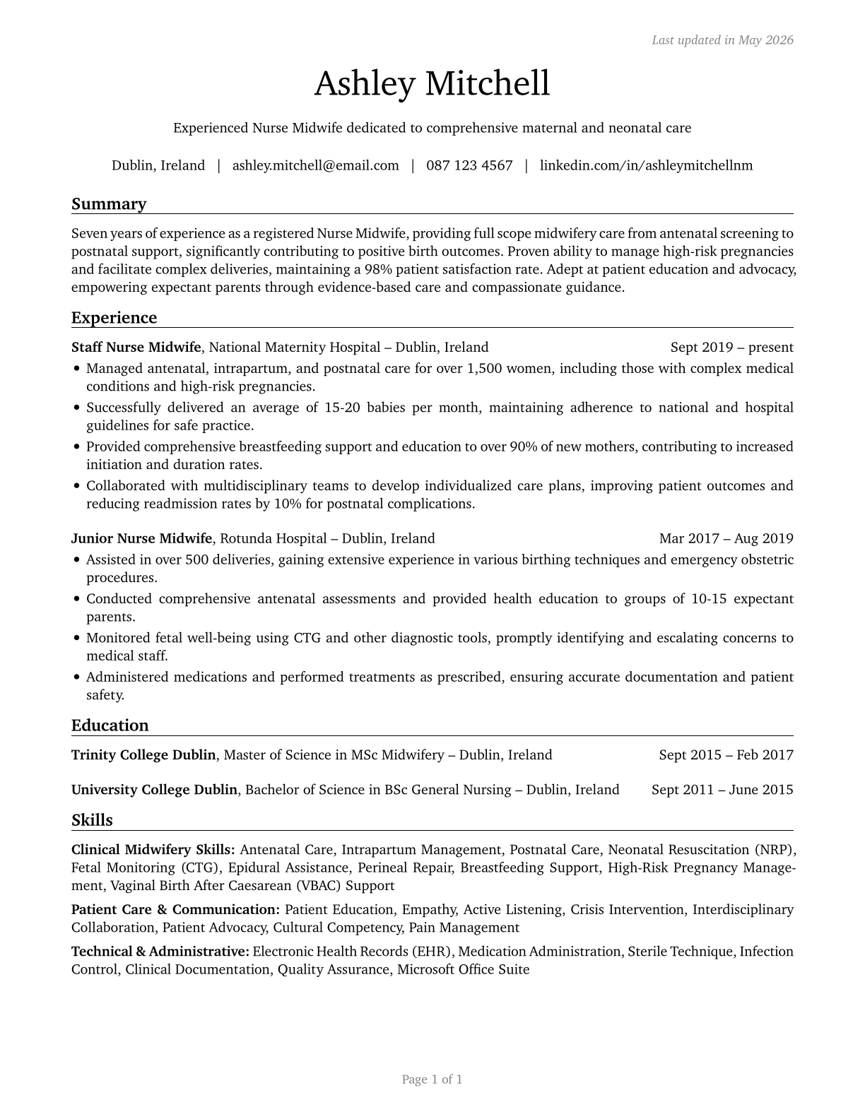 Nurse Midwives CV in English — page 1
