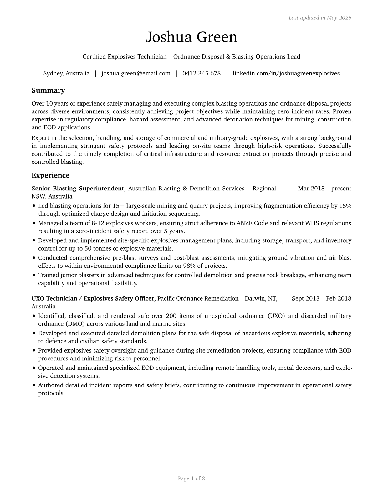 Explosives Workers, Ordnance Handling Experts, and Blasters CV in English — page 1