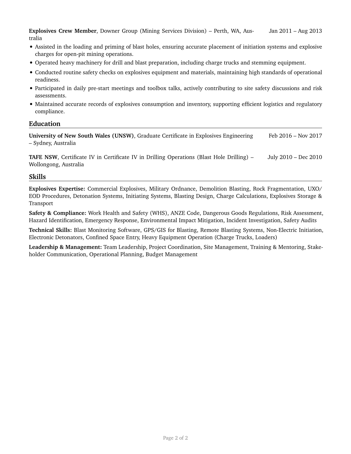 Explosives Workers, Ordnance Handling Experts, and Blasters CV in English — page 2
