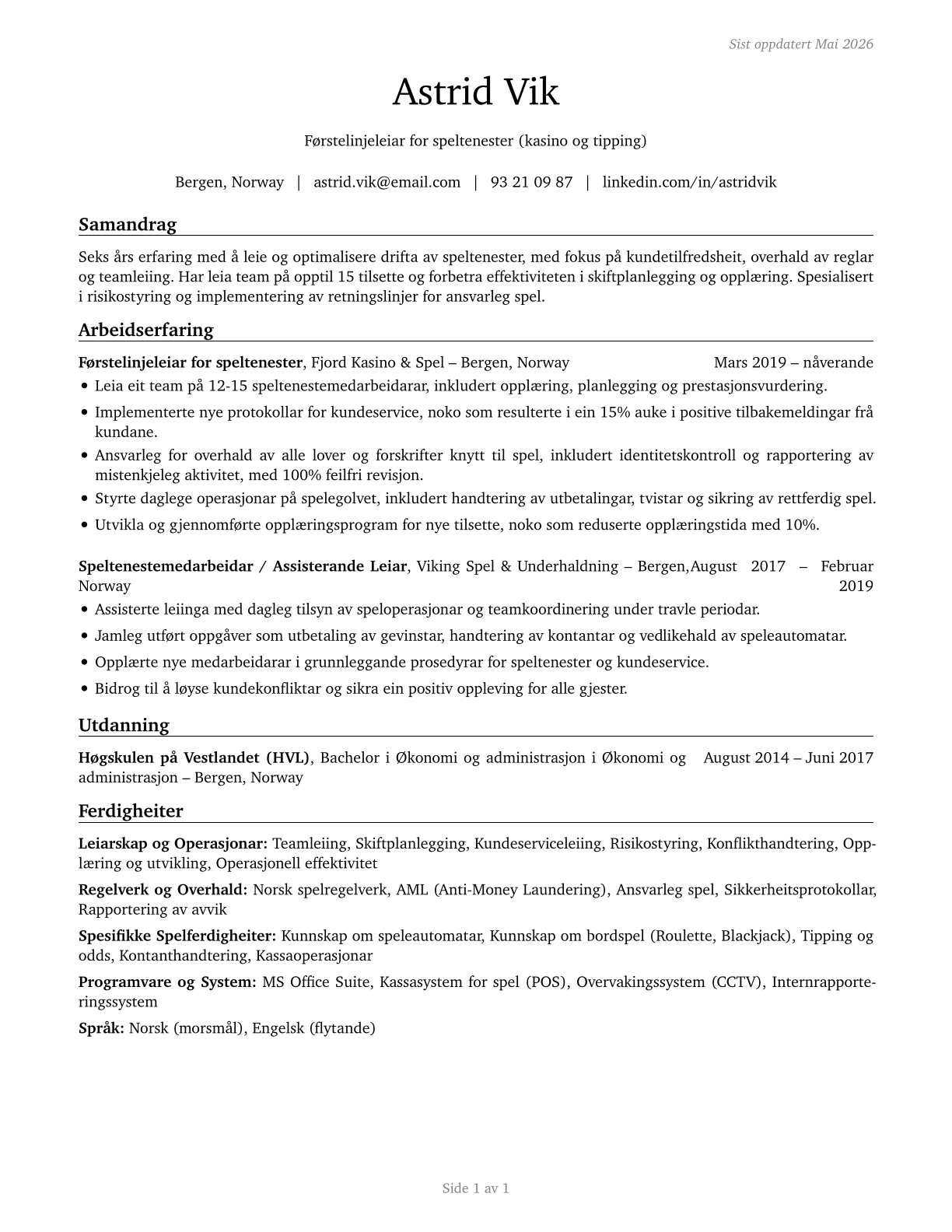 First-Line Supervisors of Gambling Services Workers CV in Norwegian_nynorsk — page 1