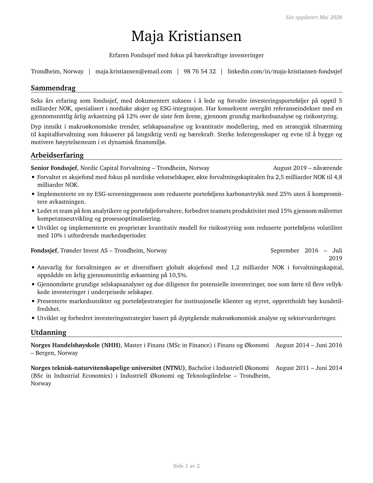 Investment Fund Managers CV in Norwegian_bokmal — page 1
