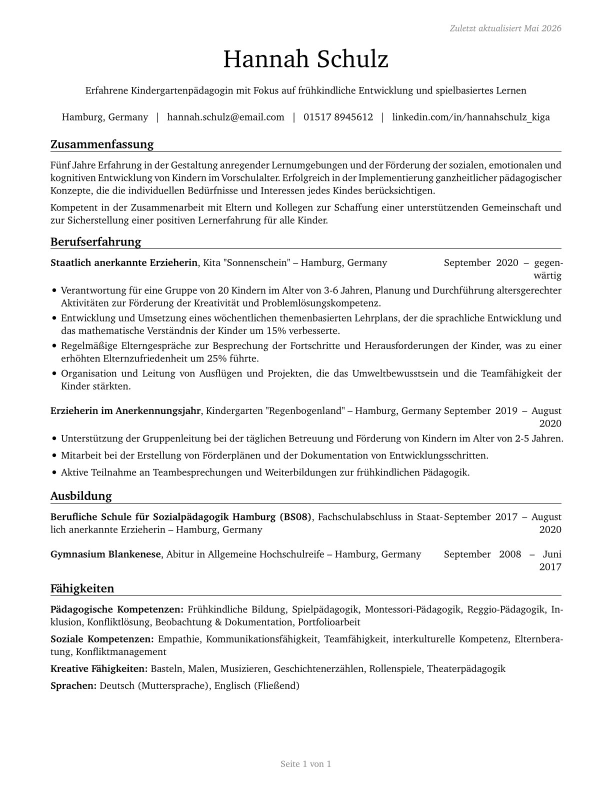 Kindergarten Teachers, Except Special Education CV in German — page 1