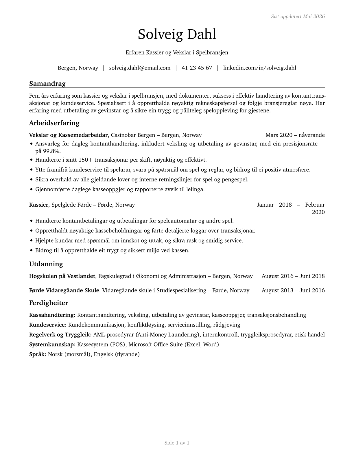 Gambling Change Persons and Booth Cashiers CV in Norwegian_nynorsk — page 1