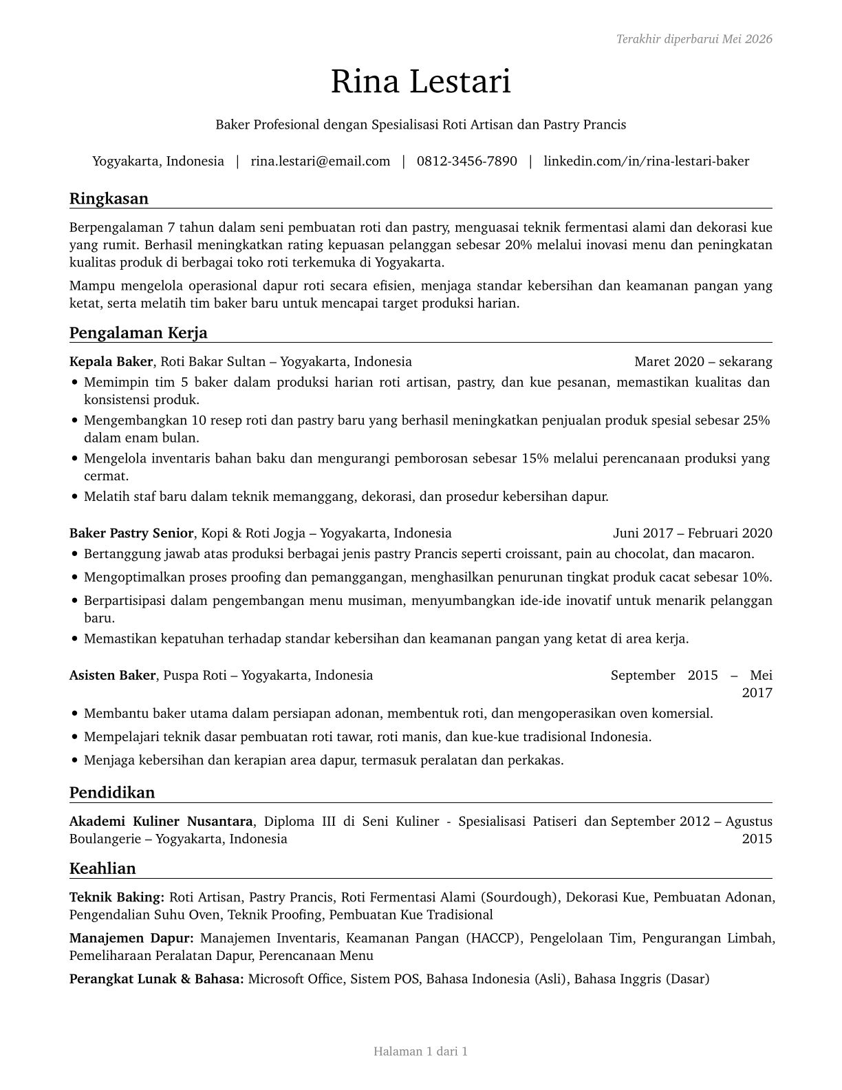 Bakers CV in Indonesian — page 1