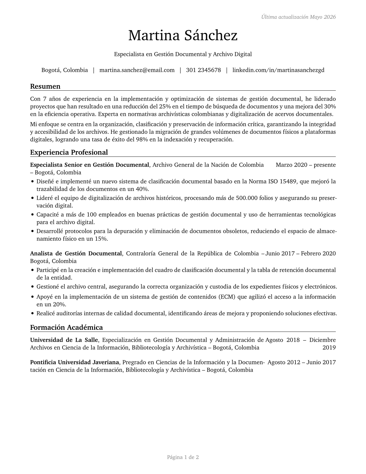 Document Management Specialists CV in Spanish — page 1