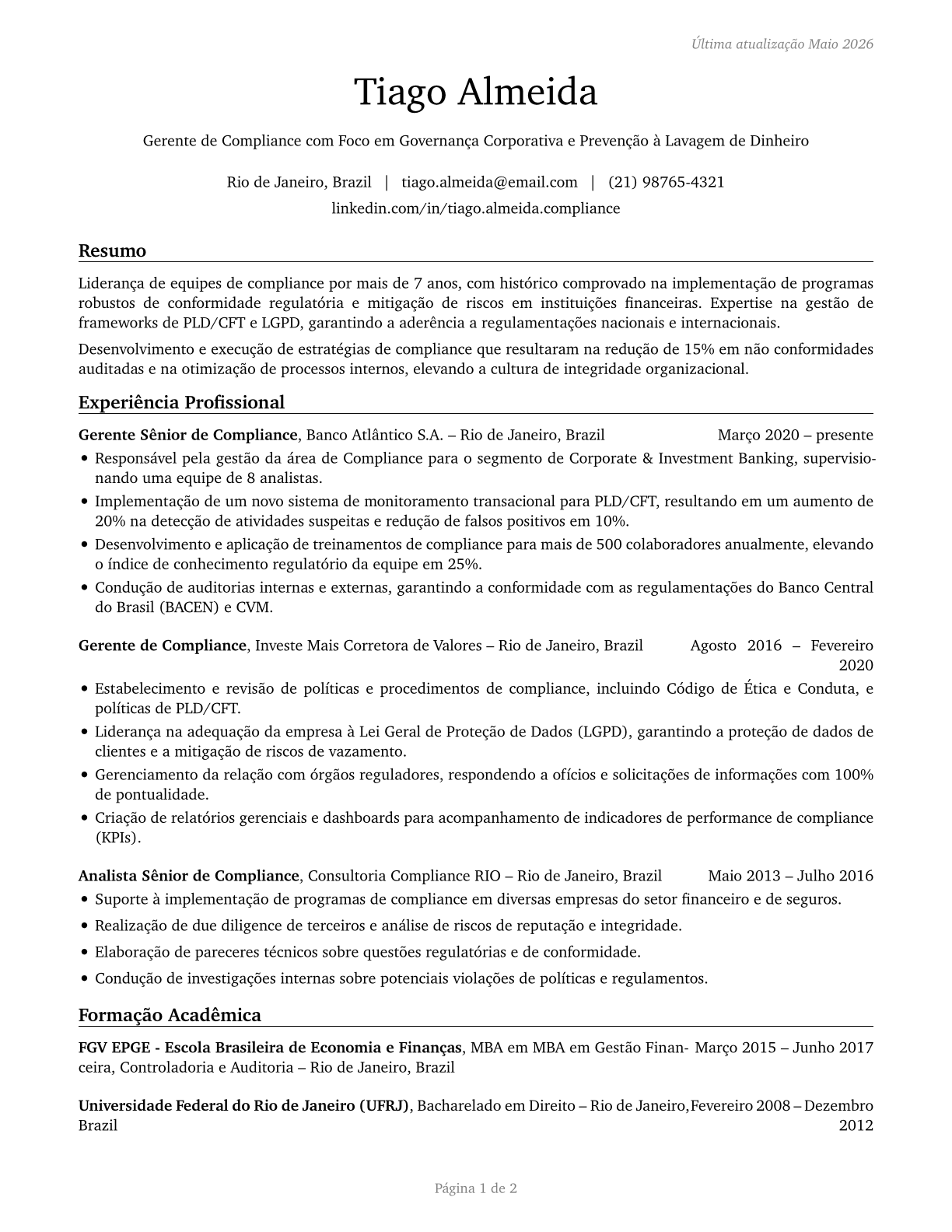 Compliance Managers CV in Portuguese — page 1