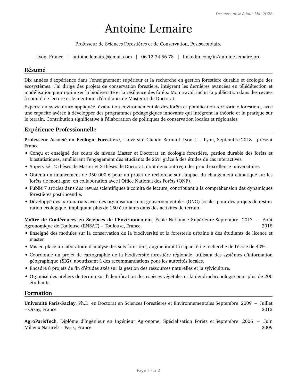 Forestry and Conservation Science Teachers, Postsecondary CV in French — page 1