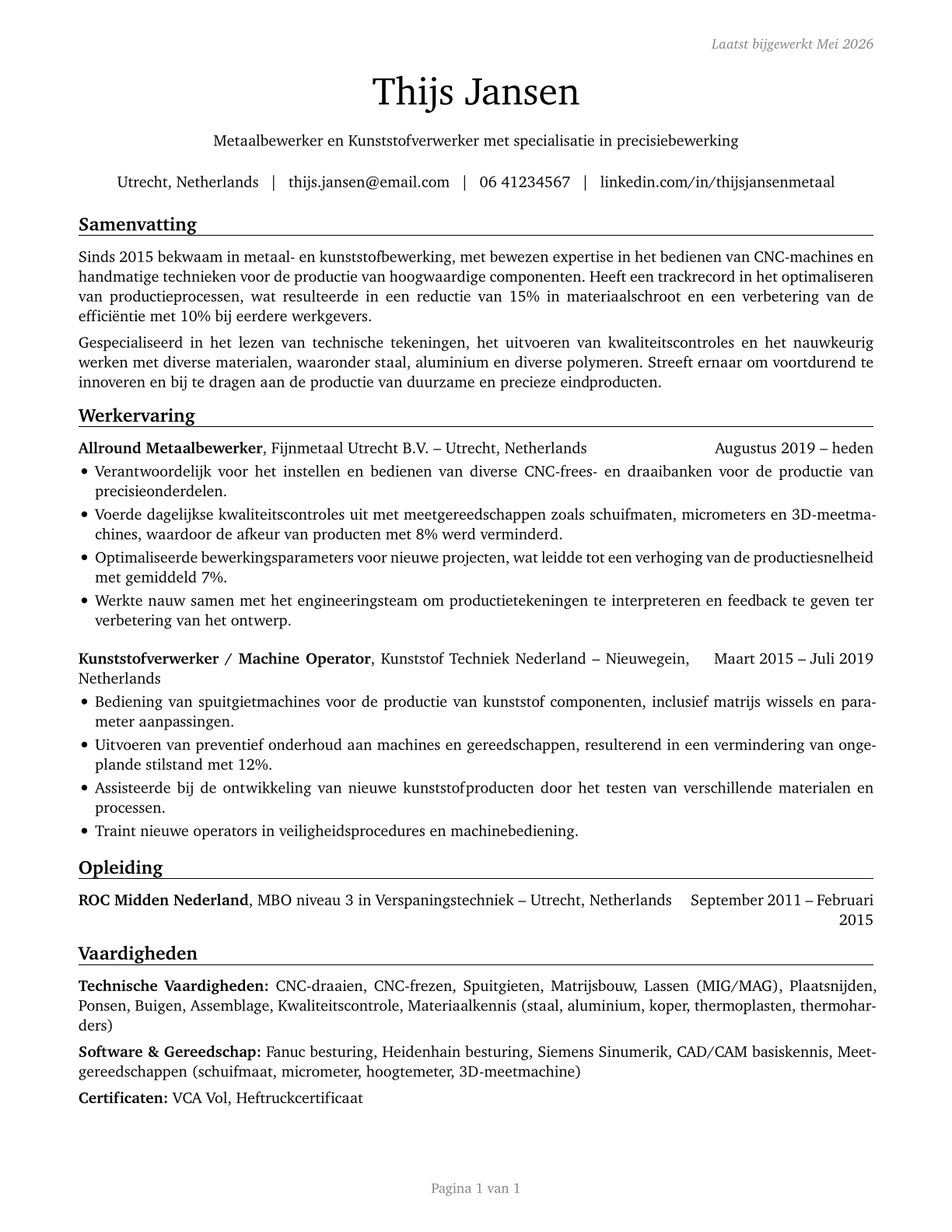 Metal Workers and Plastic Workers, All Other CV in Dutch — page 1
