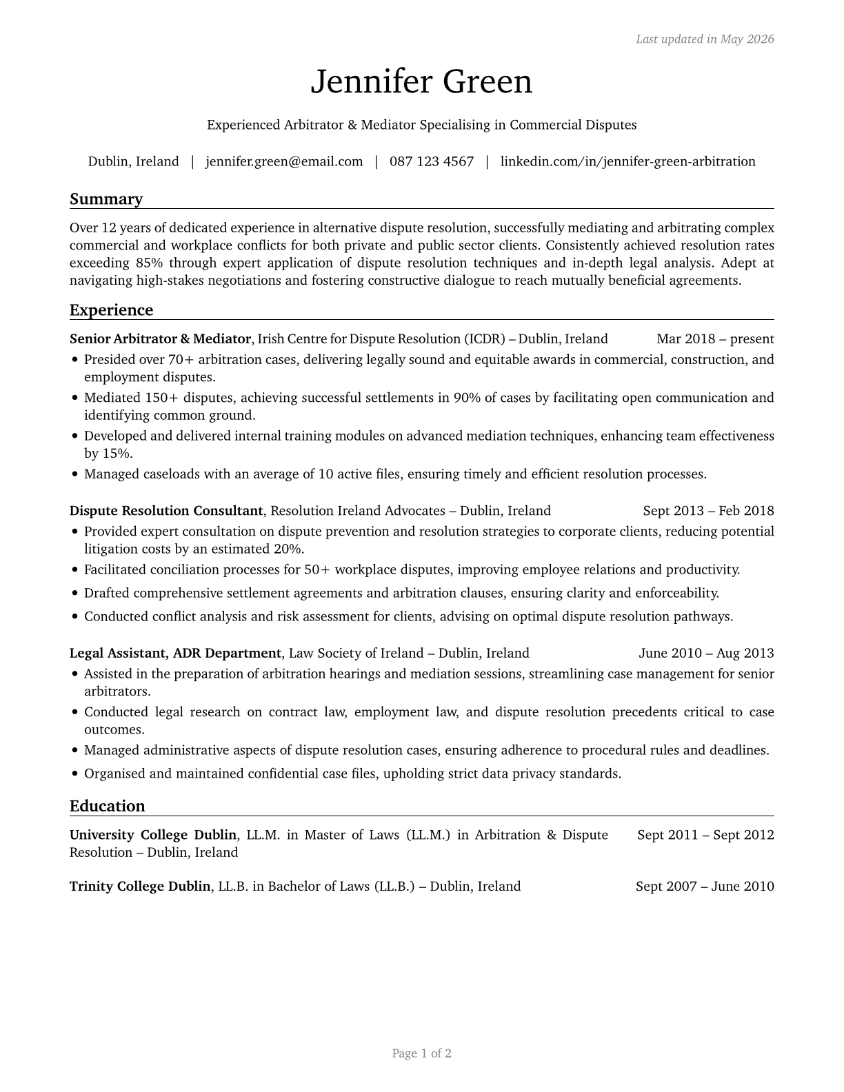 Arbitrators, Mediators, and Conciliators CV in English — page 1