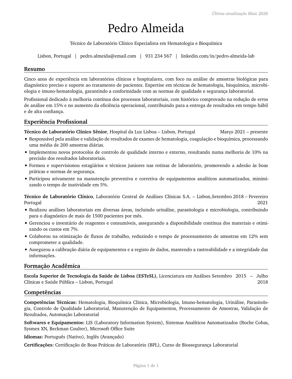 Medical and Clinical Laboratory Technicians CV in Portuguese — page 1