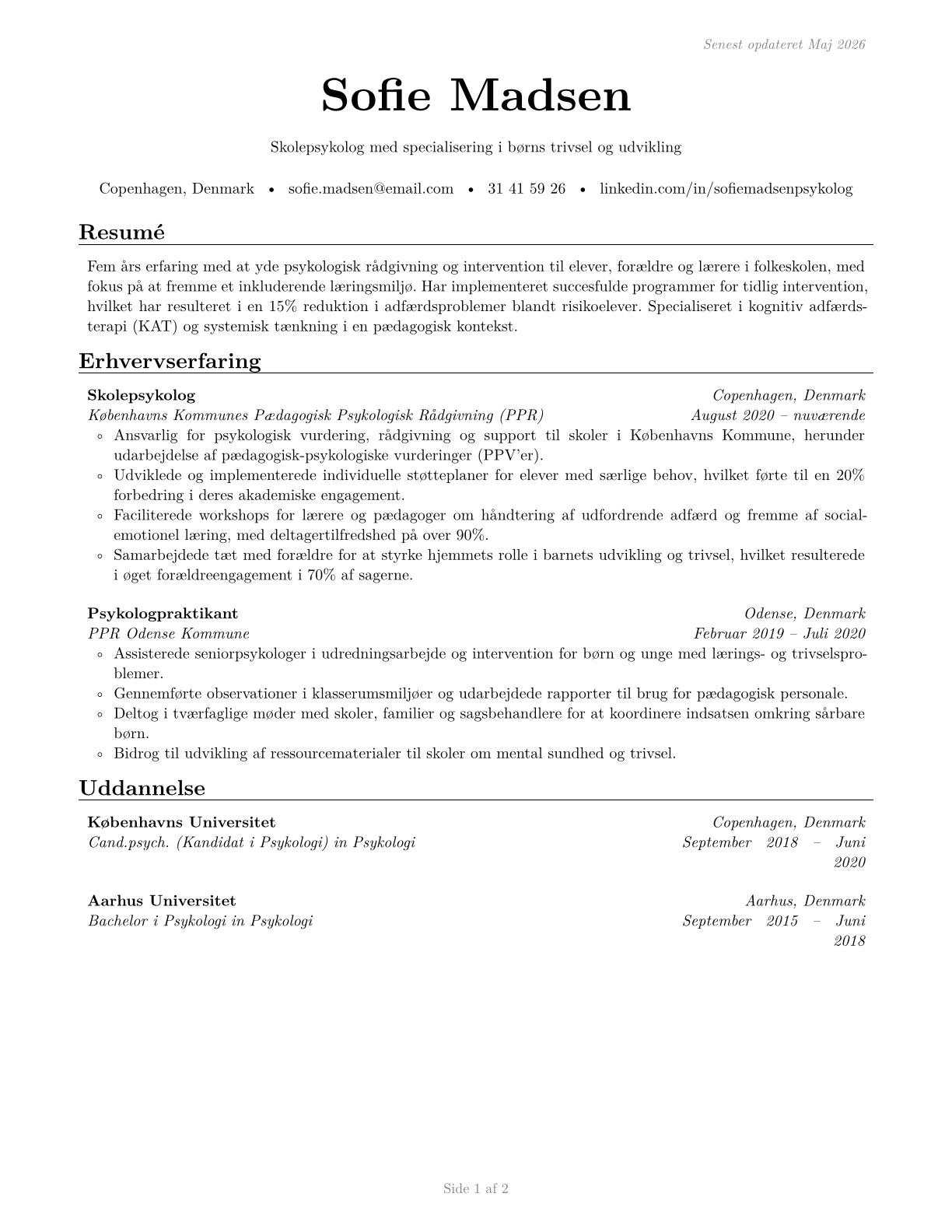 School Psychologists CV in Danish — page 1