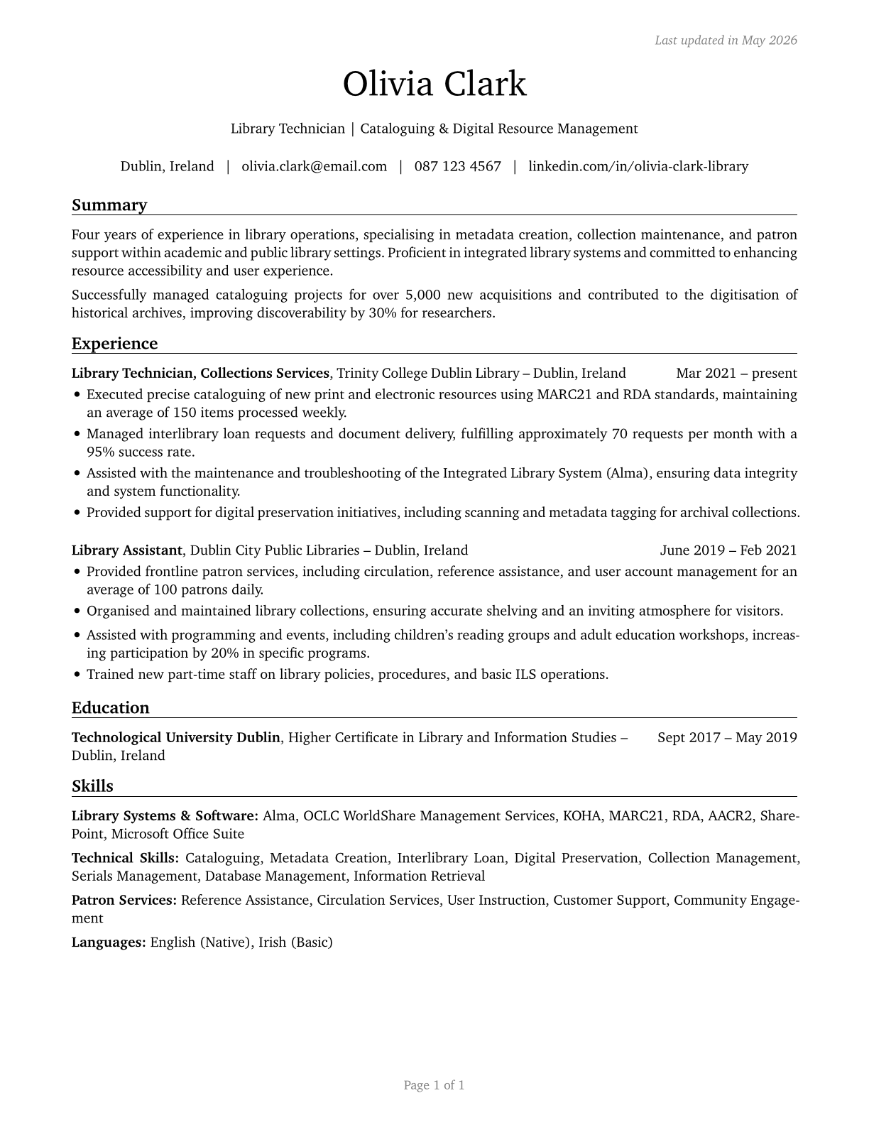 Library Technicians CV in English — page 1
