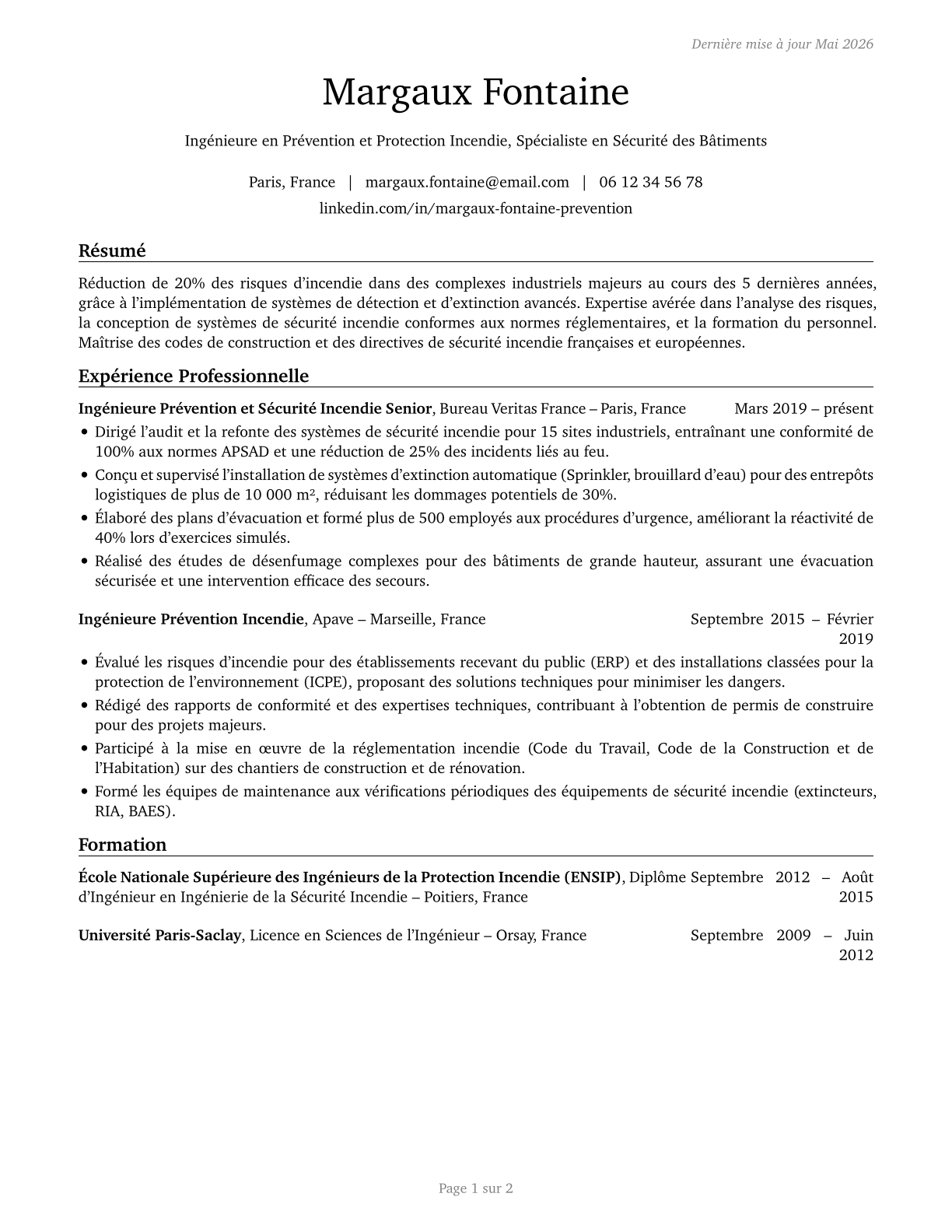 Fire-Prevention and Protection Engineers CV in French — page 1