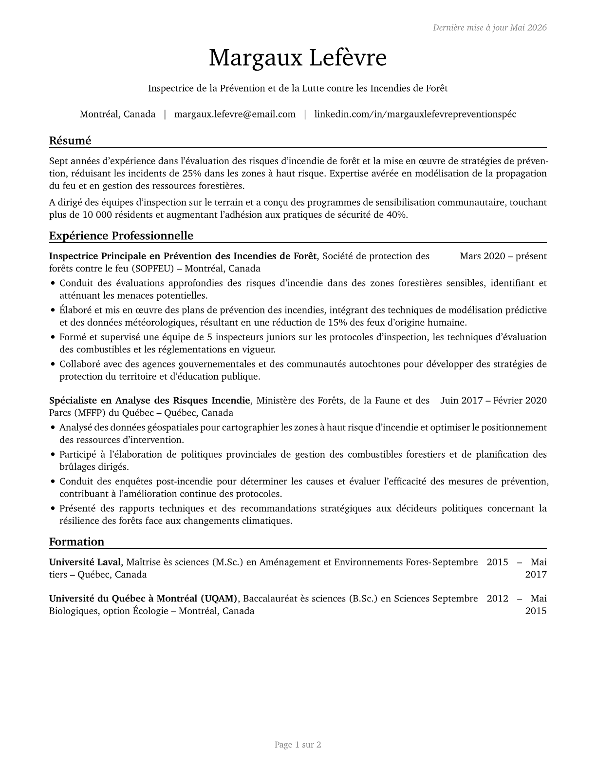 Forest Fire Inspectors and Prevention Specialists CV in French — page 1