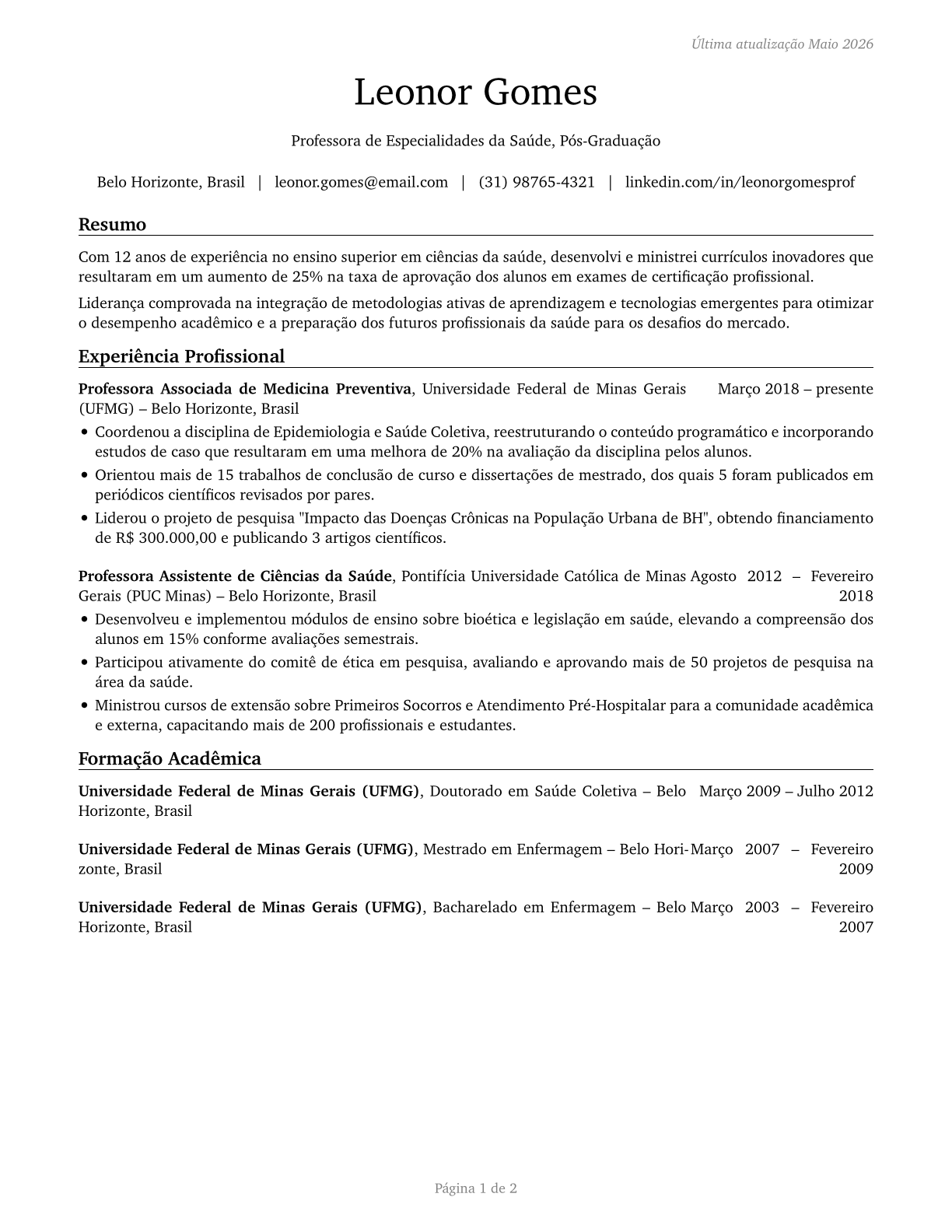 Health Specialties Teachers, Postsecondary CV in Portuguese — page 1