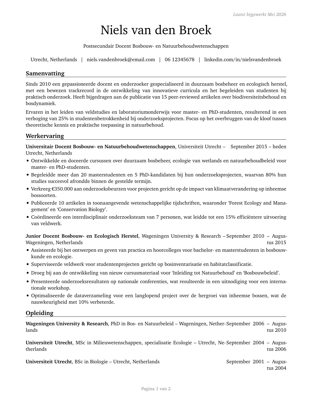 Forestry and Conservation Science Teachers, Postsecondary CV in Dutch — page 1