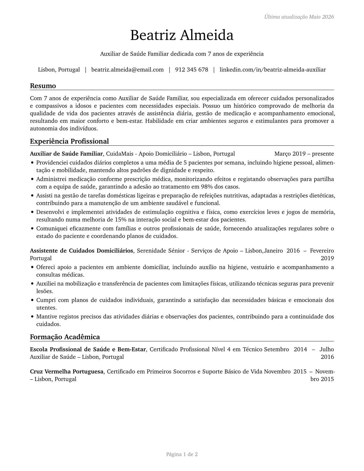 Home Health Aides CV in Portuguese — page 1