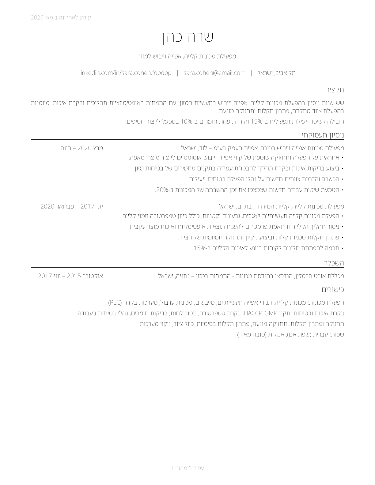 Food and Tobacco Roasting, Baking, and Drying Machine Operators and Tenders CV in Hebrew — page 1