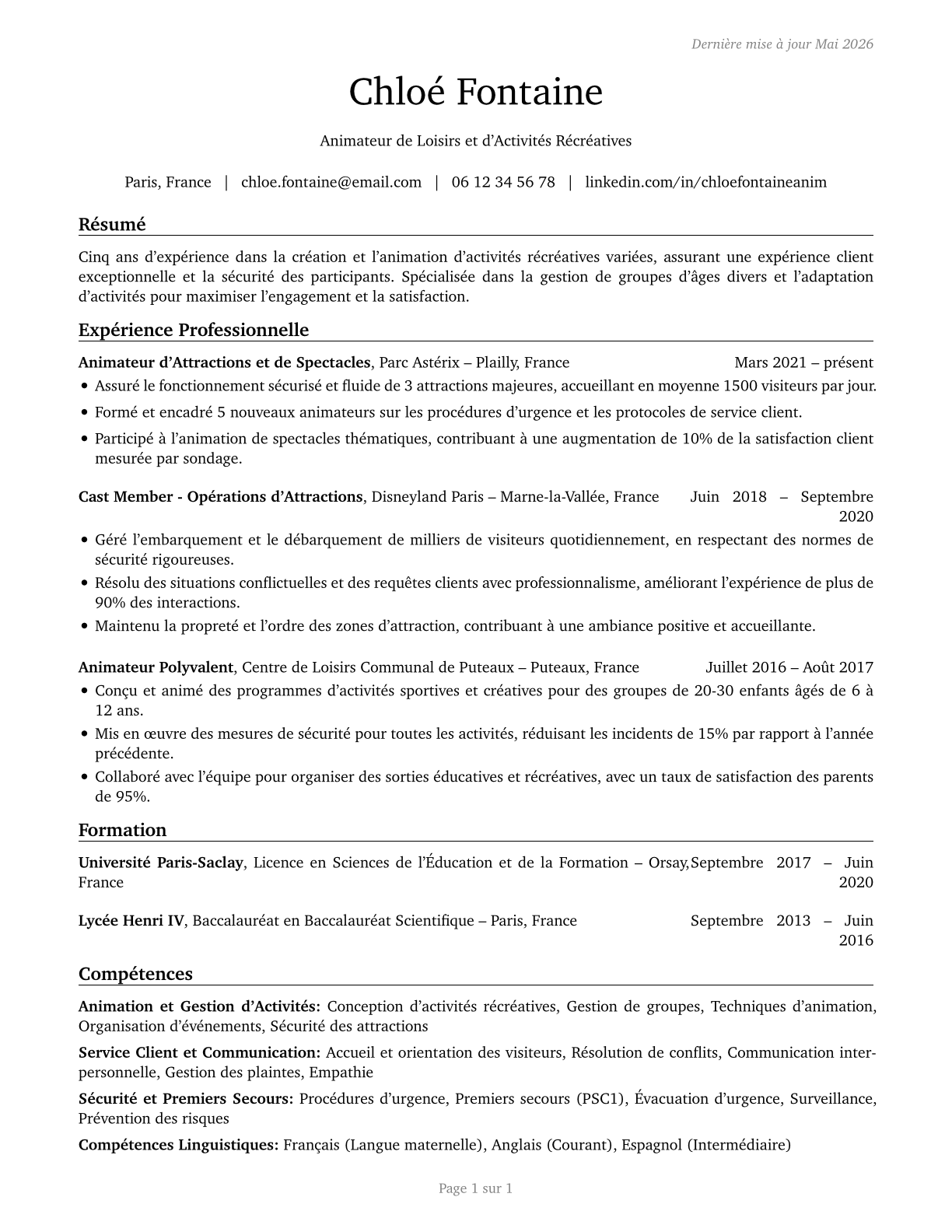 Amusement and Recreation Attendants CV in French — page 1