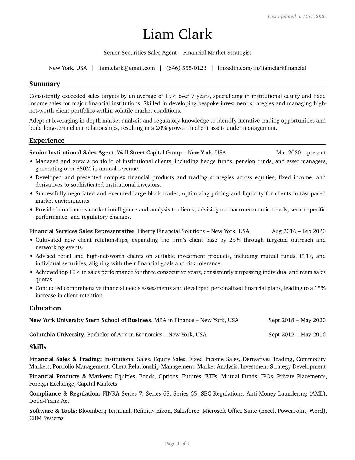 Securities, Commodities, and Financial Services Sales Agents CV in English — page 1