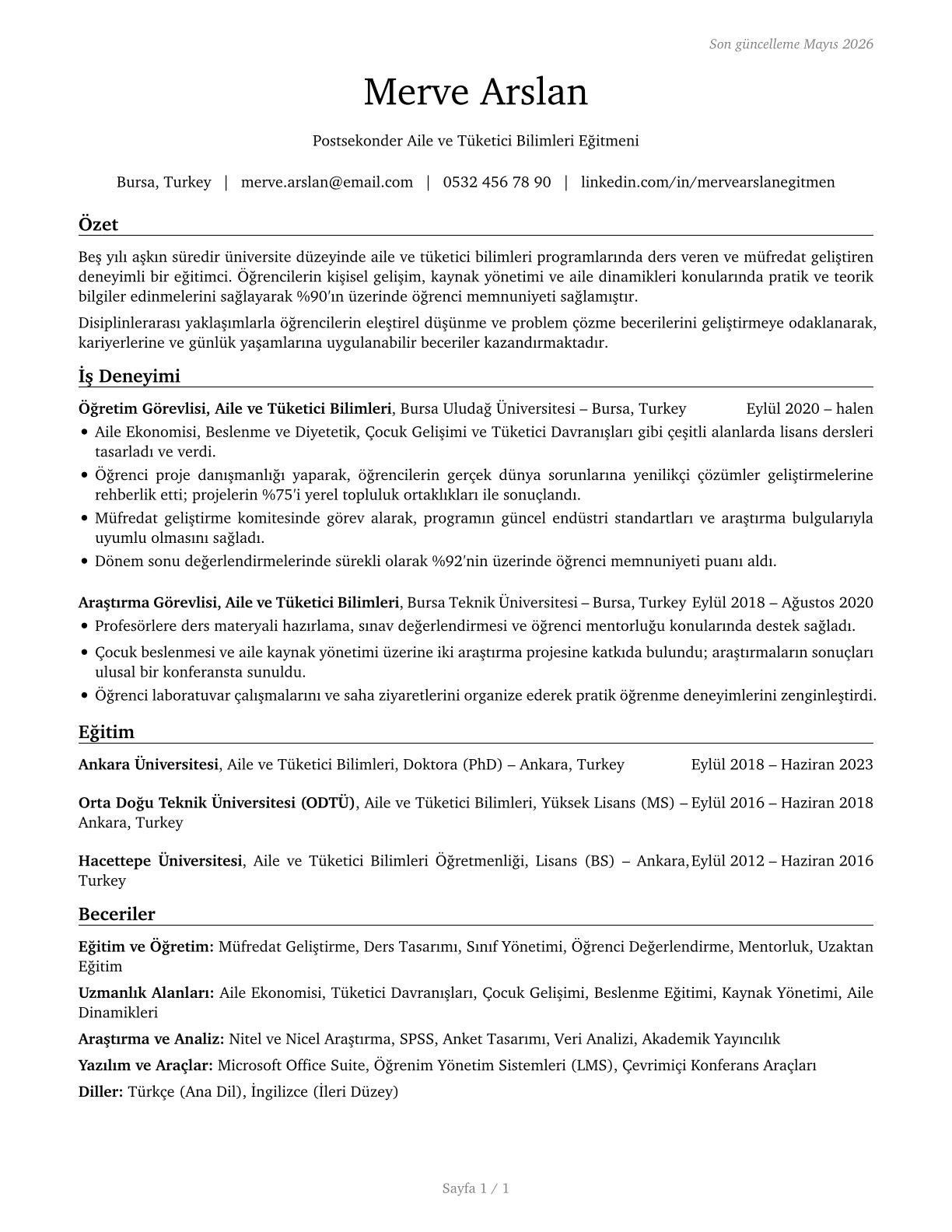 Family and Consumer Sciences Teachers, Postsecondary CV in Turkish — page 1