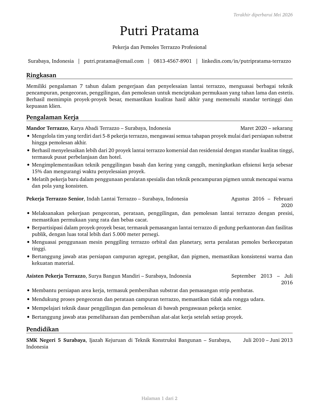 Terrazzo Workers and Finishers CV in Indonesian — page 1