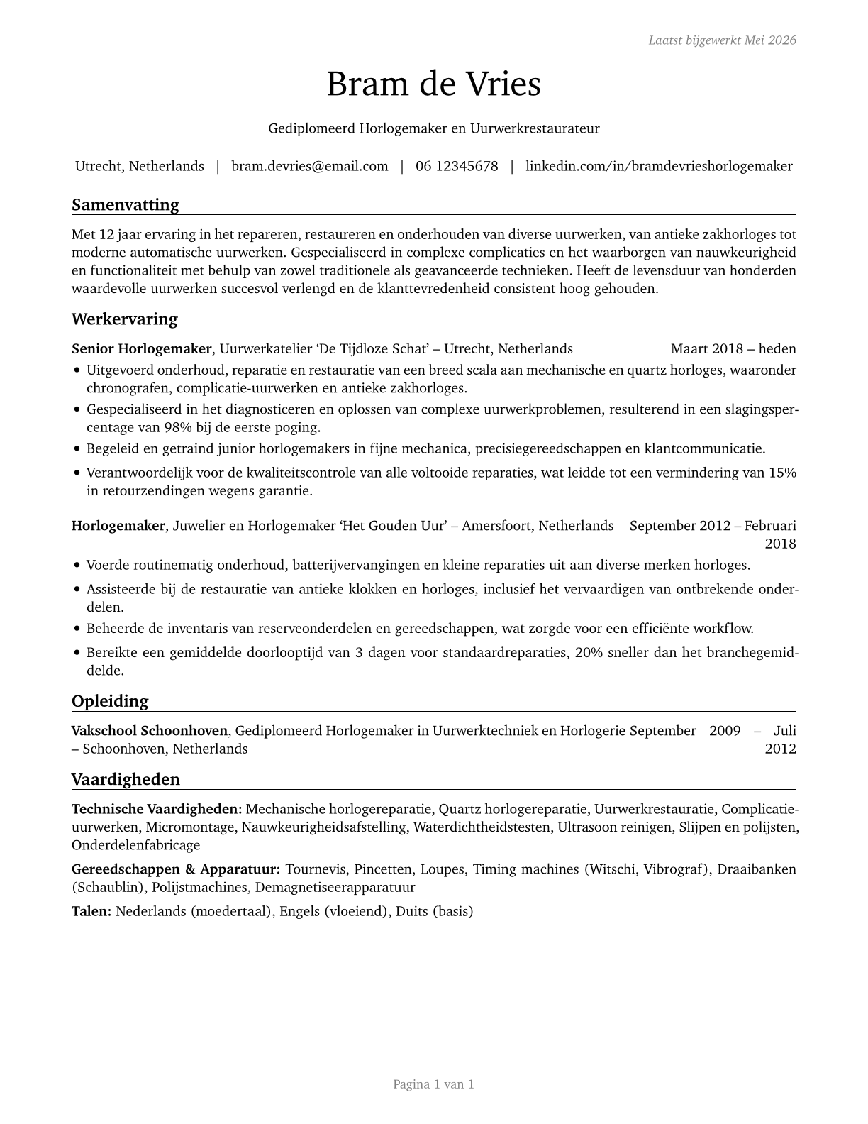 Watch and Clock Repairers CV in Dutch — page 1