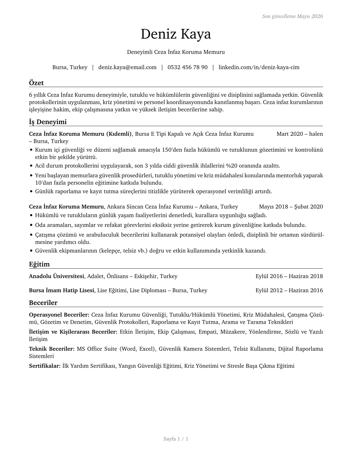 Correctional Officers and Jailers CV in Turkish — page 1