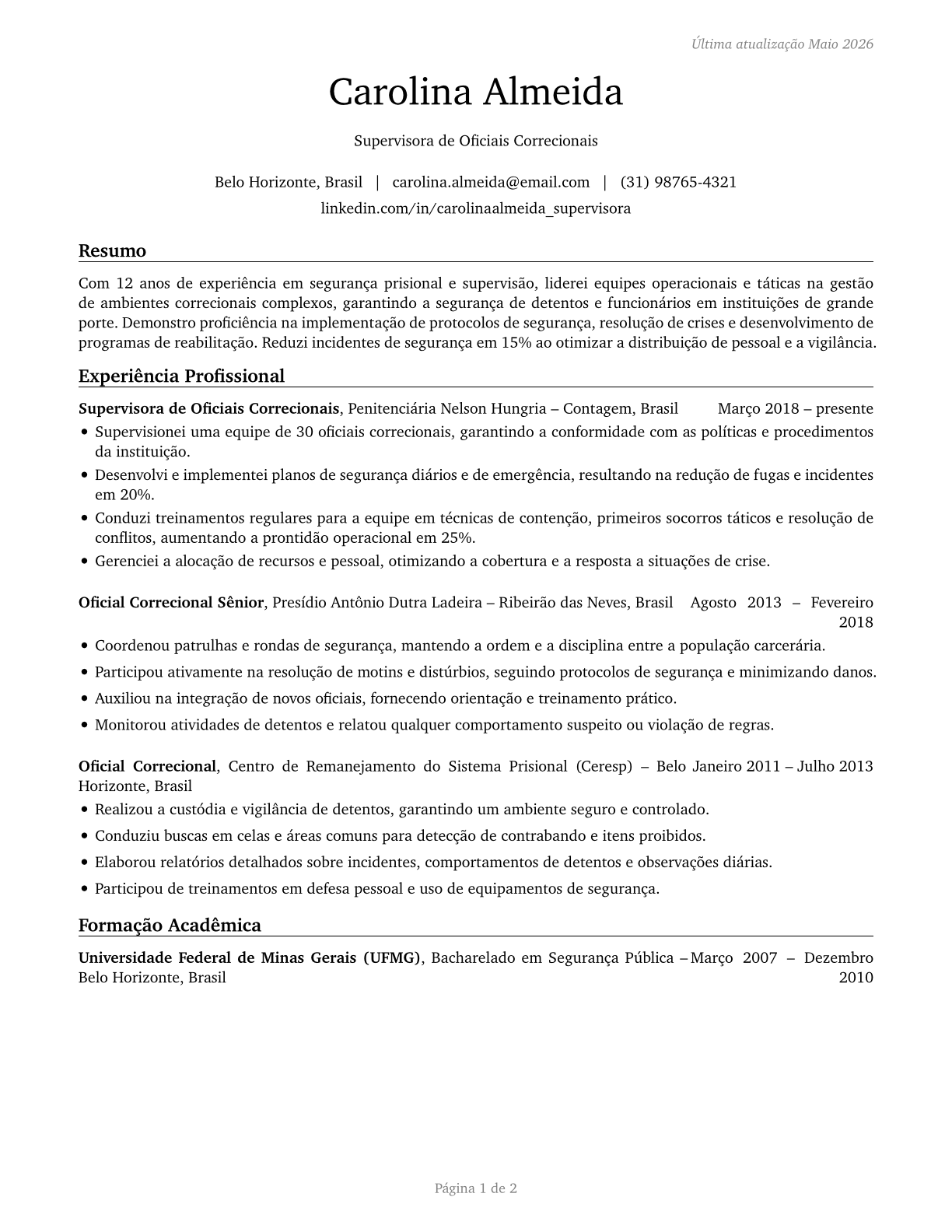 First-Line Supervisors of Correctional Officers CV in Portuguese — page 1
