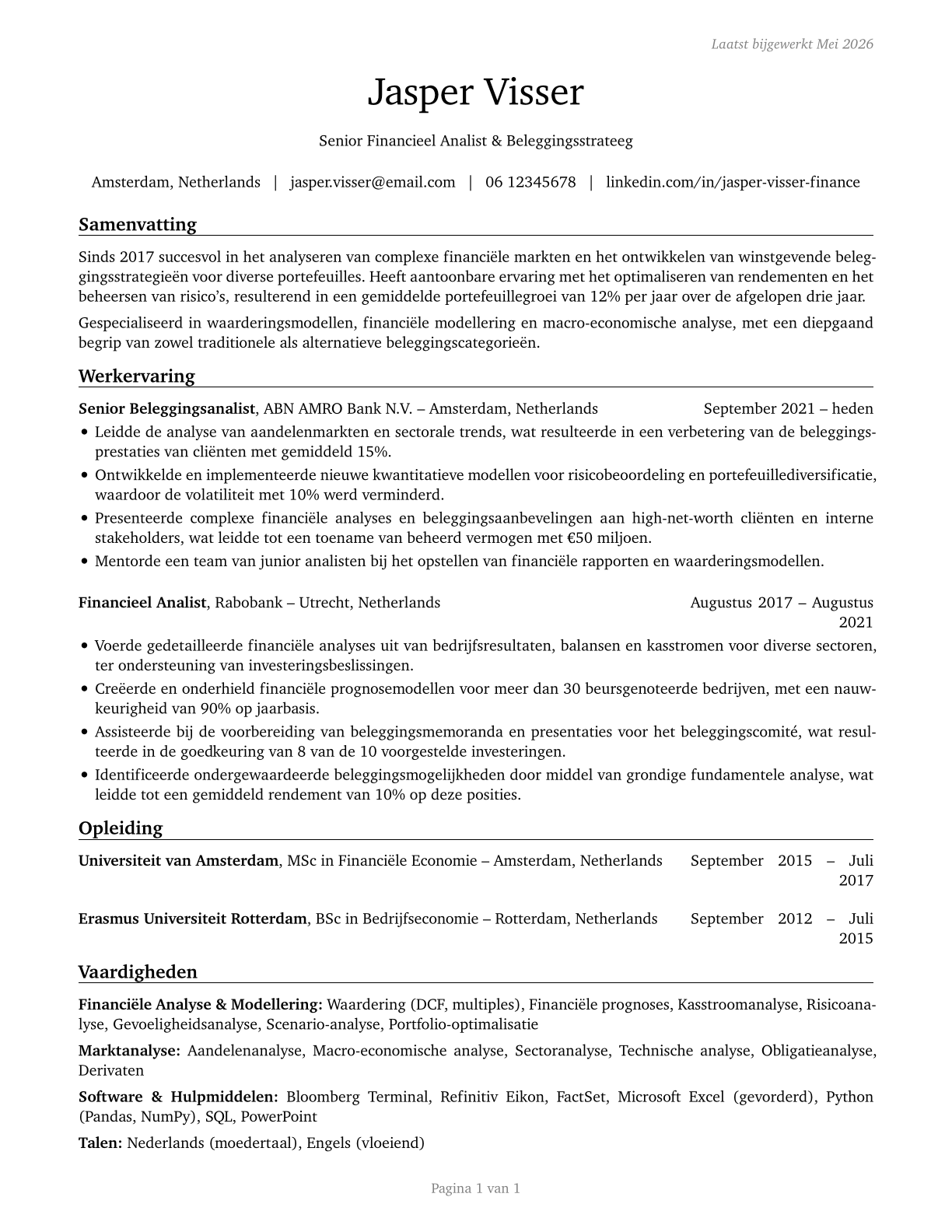Financial and Investment Analysts CV in Dutch — page 1