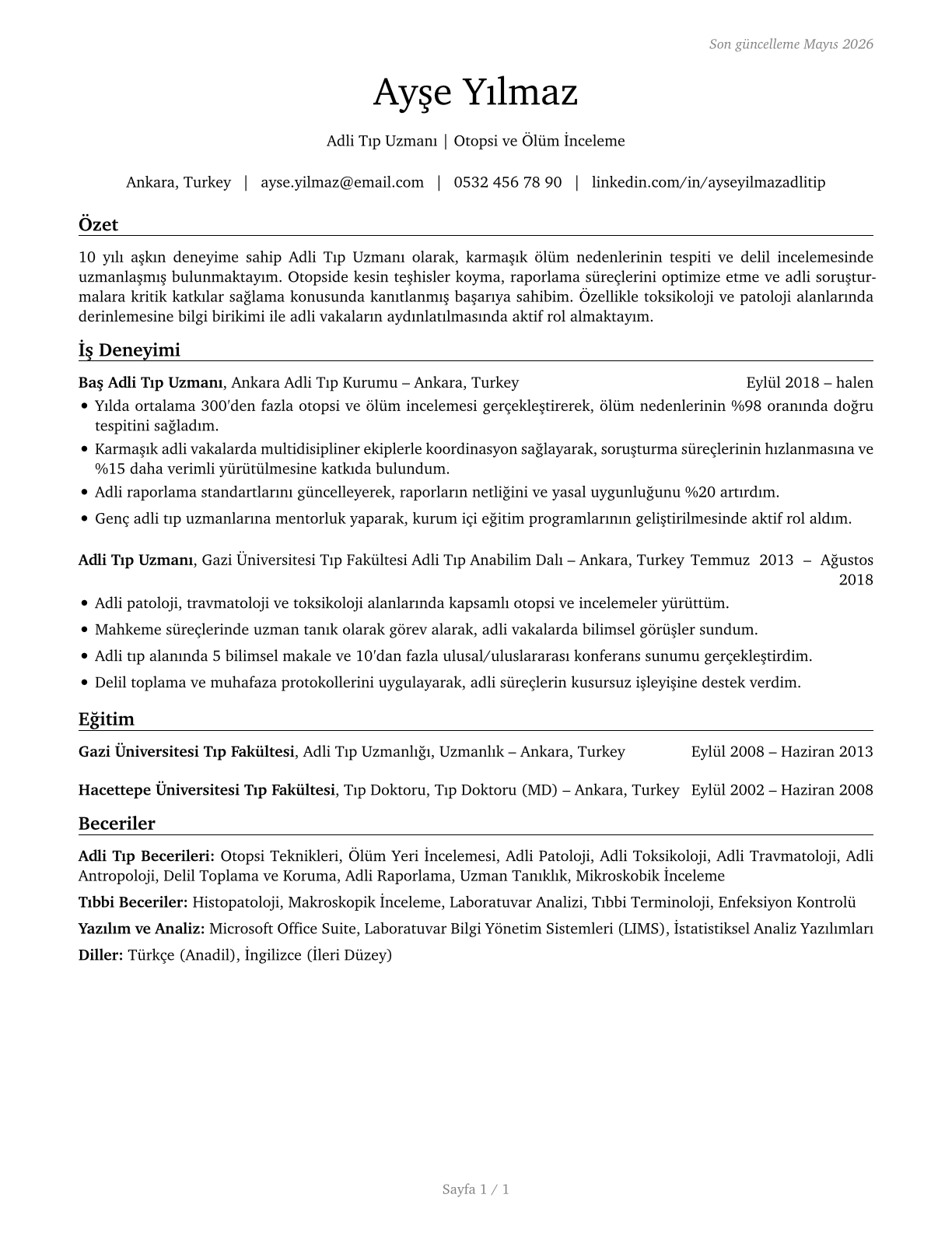 Coroners CV in Turkish — page 1