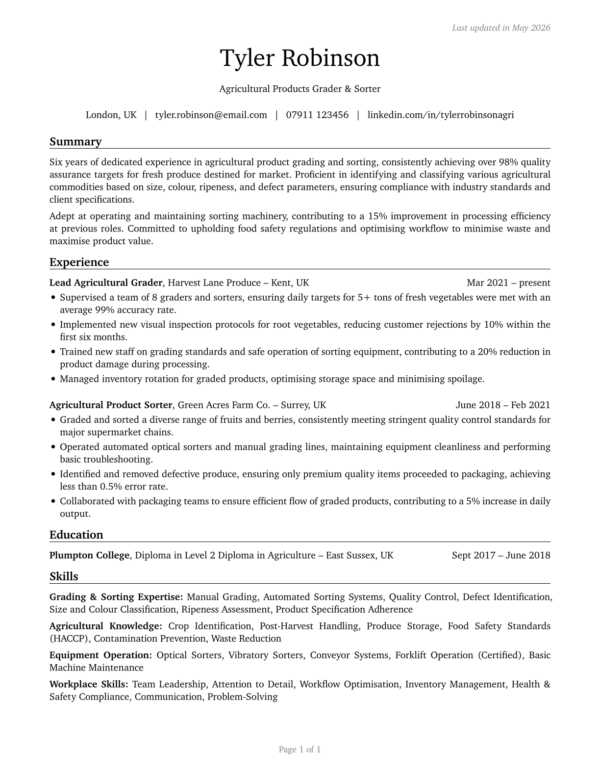Graders and Sorters, Agricultural Products CV in English — page 1