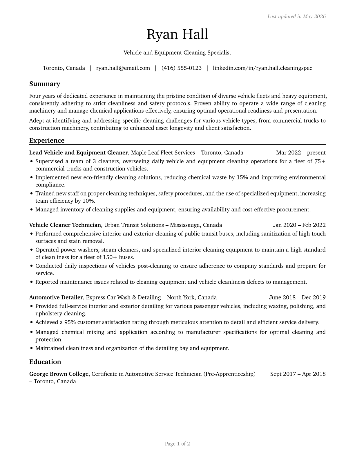 Cleaners of Vehicles and Equipment CV in English — page 1