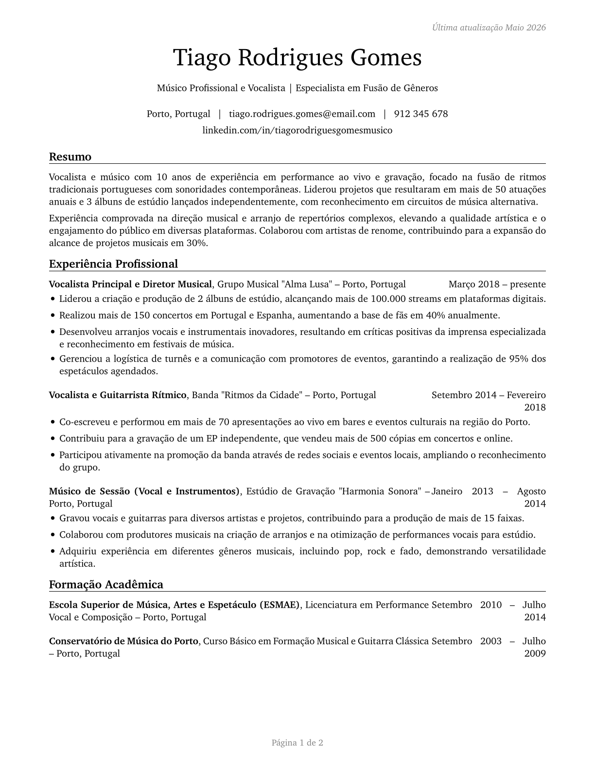 Musicians and Singers CV in Portuguese — page 1