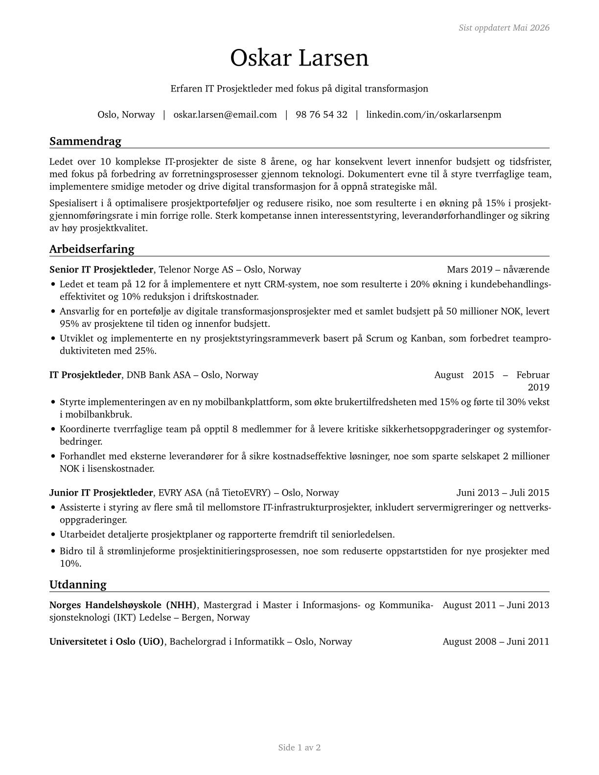 Information Technology Project Managers CV in Norwegian_bokmal — page 1