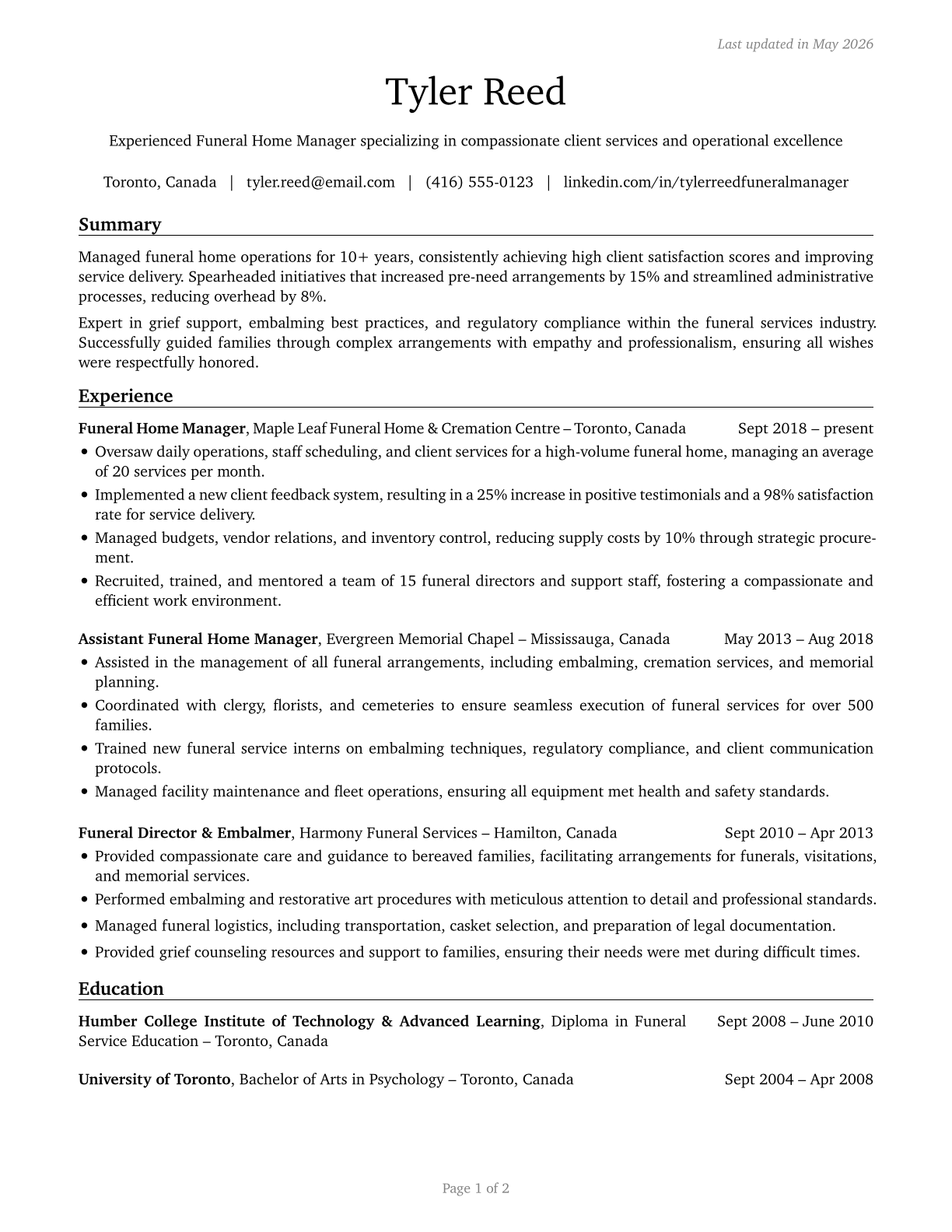 Funeral Home Managers CV in English — page 1