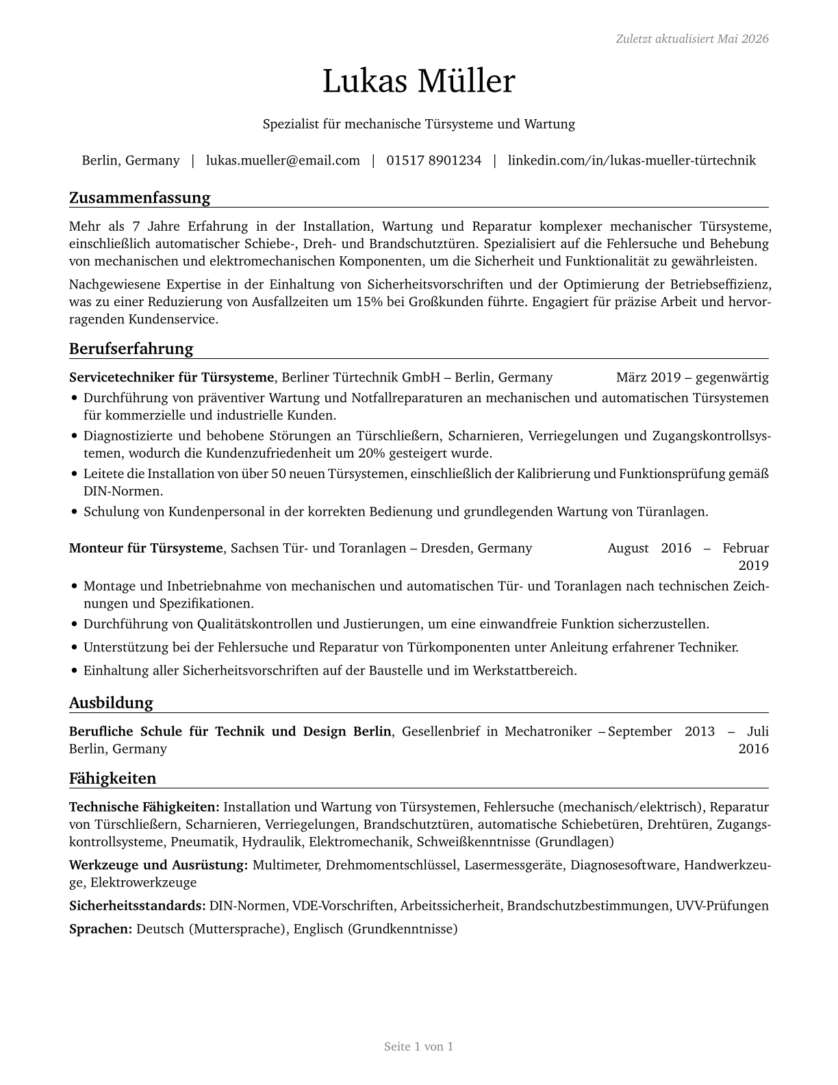 Mechanical Door Repairers CV in German — page 1