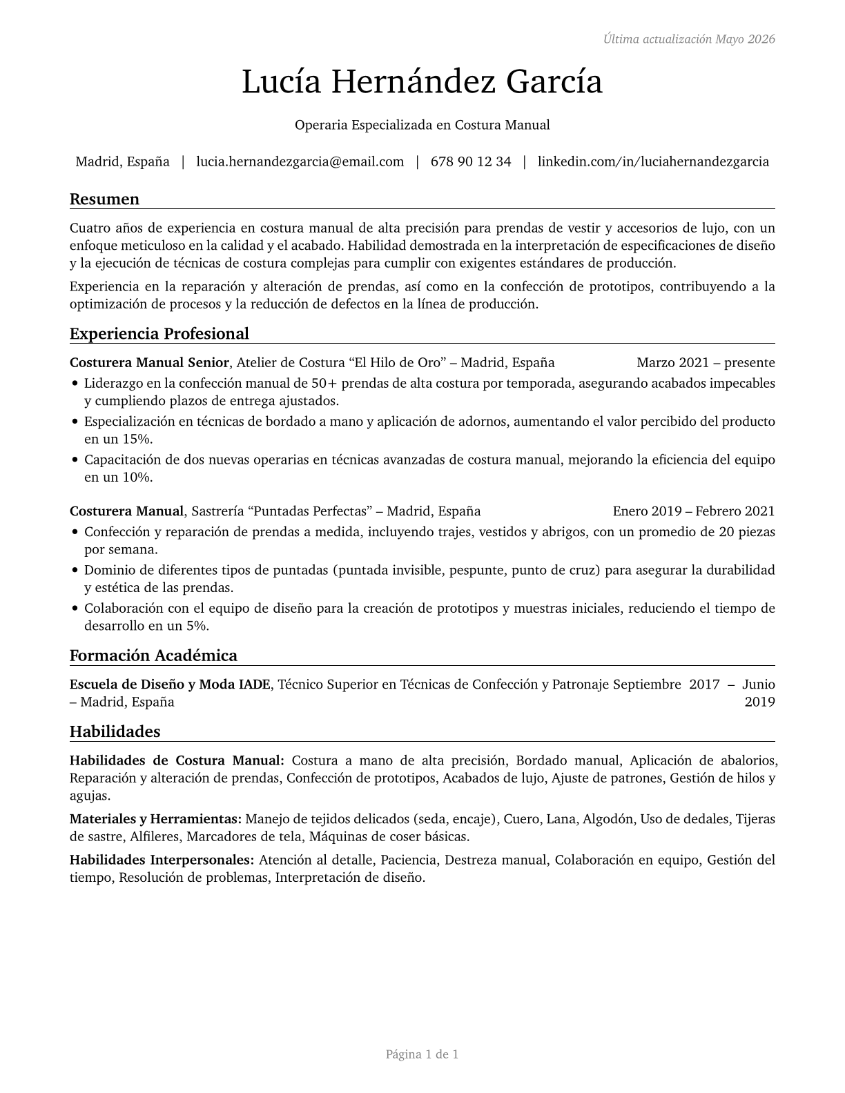 Sewers, Hand CV in Spanish — page 1