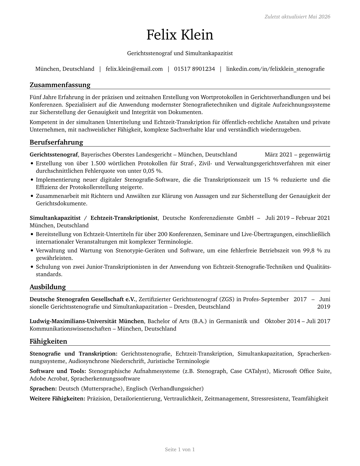 Court Reporters and Simultaneous Captioners CV in German — page 1