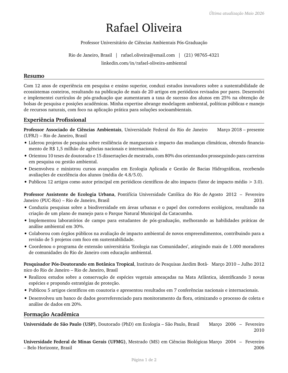 Environmental Science Teachers, Postsecondary CV in Portuguese — page 1