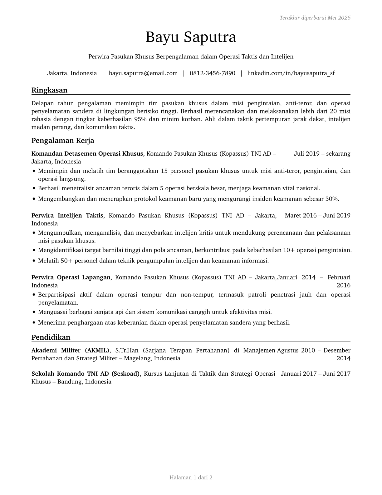 Special Forces Officers CV in Indonesian — page 1
