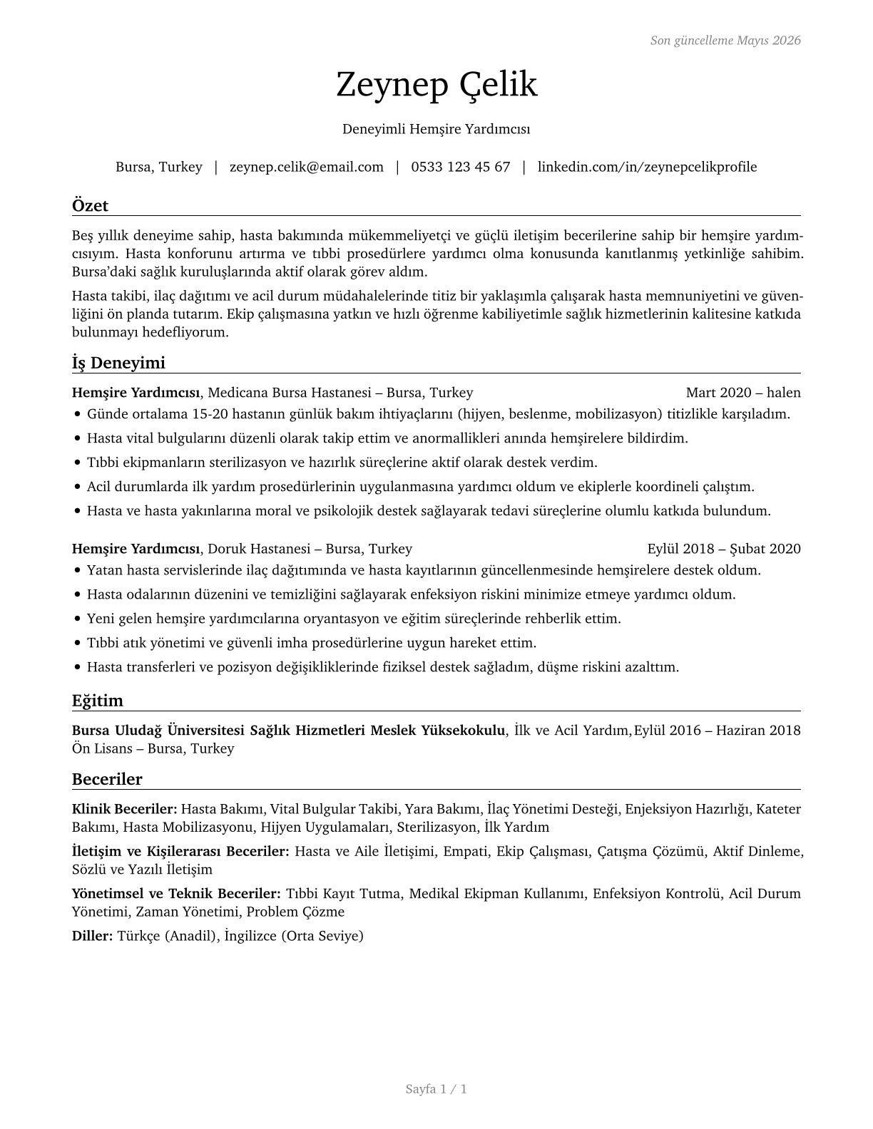 Nursing Assistants CV in Turkish — page 1