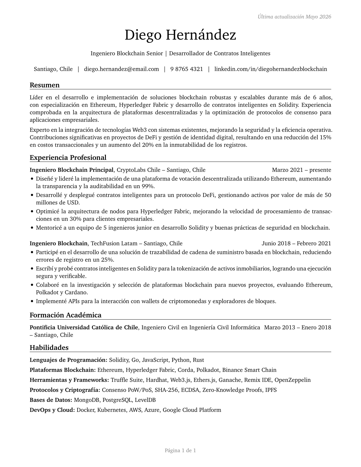 Blockchain Engineers CV in Spanish — page 1