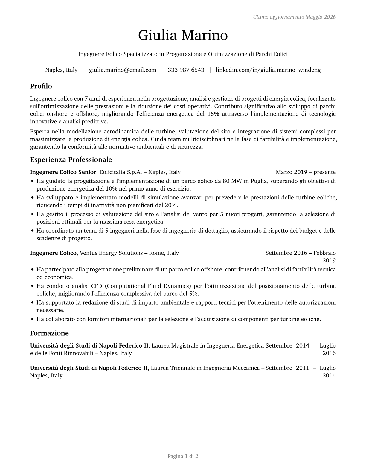 Wind Energy Engineers CV in Italian — page 1