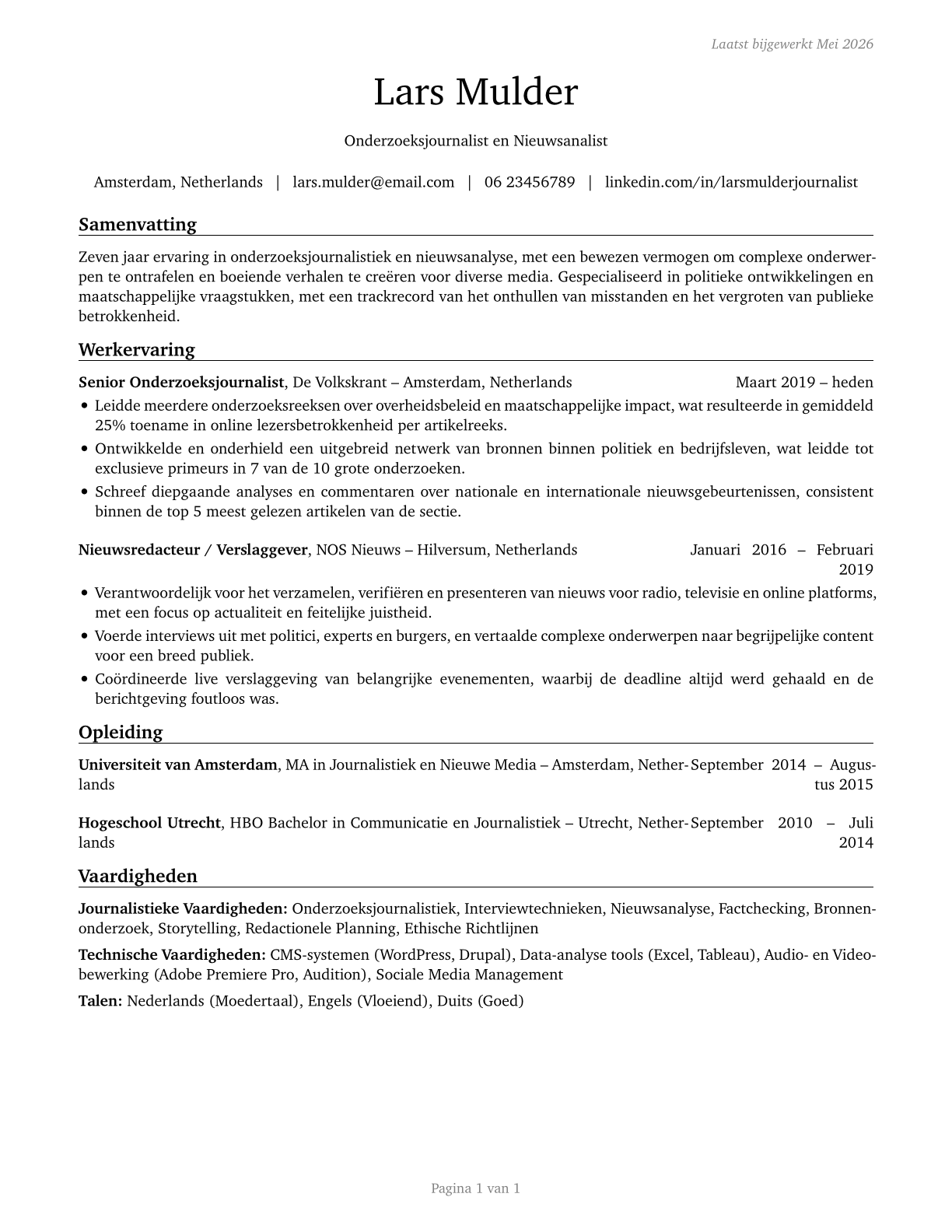 News Analysts, Reporters, and Journalists CV in Dutch — page 1
