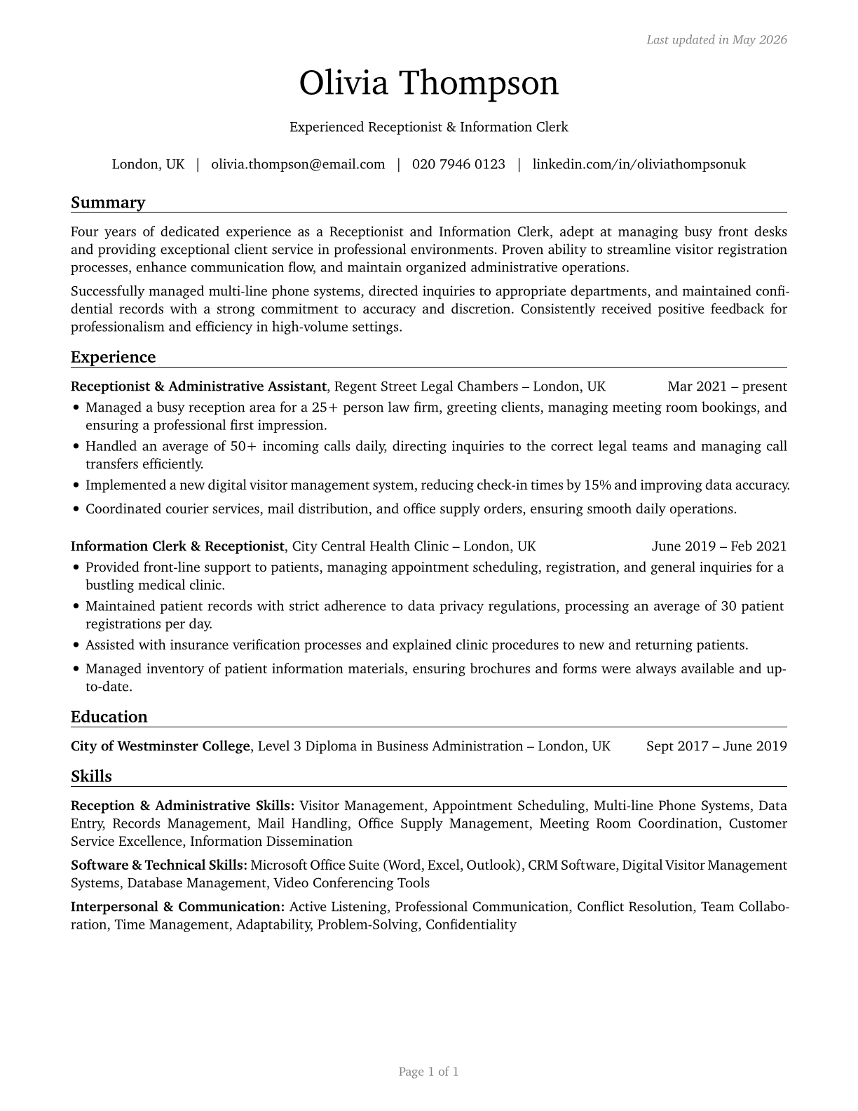 Receptionists and Information Clerks CV in English — page 1