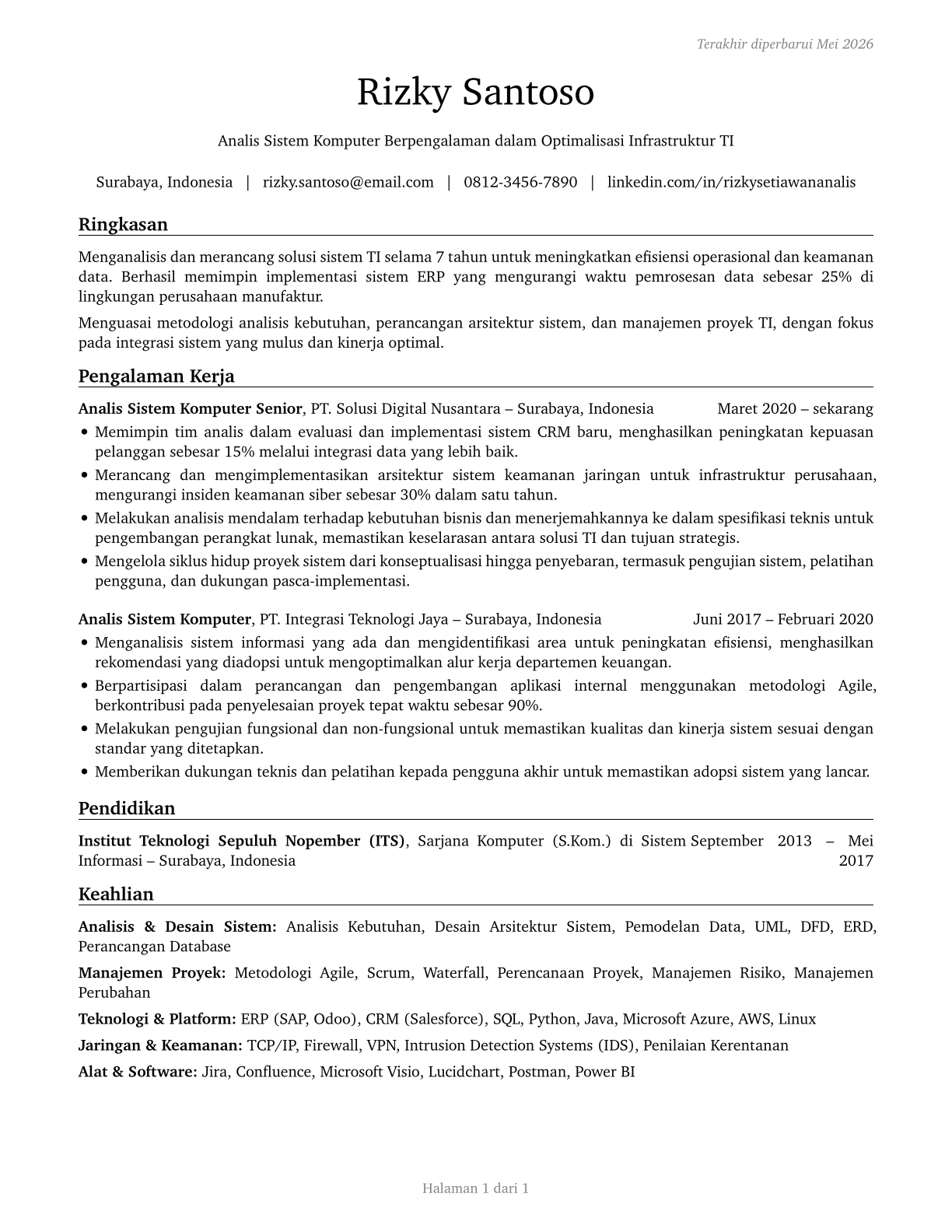 Computer Systems Analysts CV in Indonesian — page 1