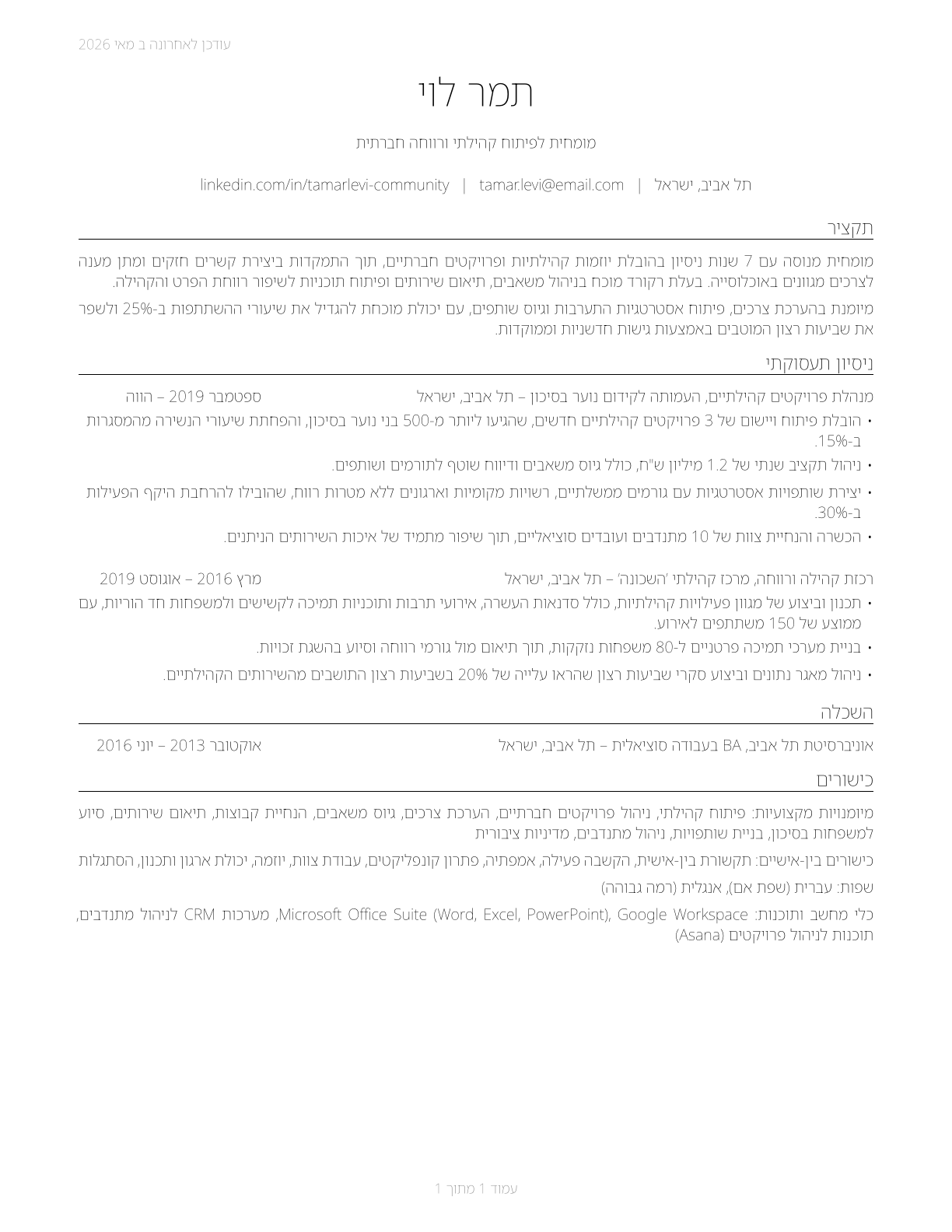 Community and Social Service Specialists, All Other CV in Hebrew — page 1