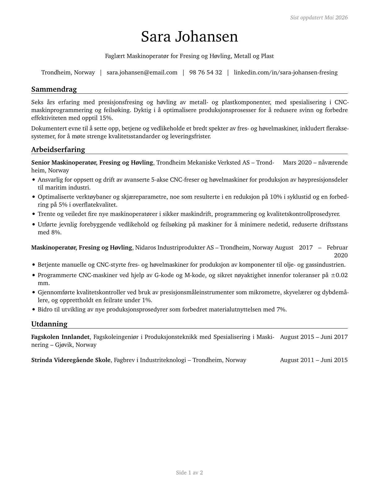 Milling and Planing Machine Setters, Operators, and Tenders, Metal and Plastic CV in Norwegian_bokmal — page 1